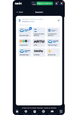 Pantalla de depósito 1win ios aplicación