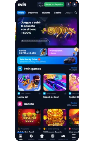 Pantalla principal 1win app mostrando interfaz completa