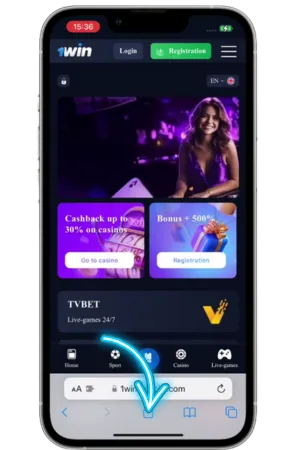 Pantalla principal del sitio web oficial 1Win iPhone para descargar 1Win para iOS desde Safari