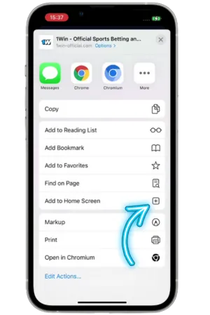 Menú compartir Safari iPhone mostrando opciones para 1Win iOS acceso directo